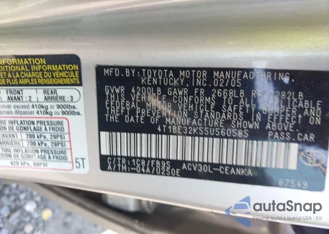 2005 Toyota Camry Std from USA, damaged, VIN 4T1BE32K55U560585